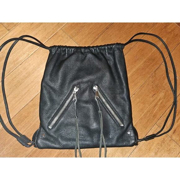 Rebecca Minkoff Moto Drawstring Backpack Black Soft Pebbled Leather 14x13x1 - Picture 3 of 8